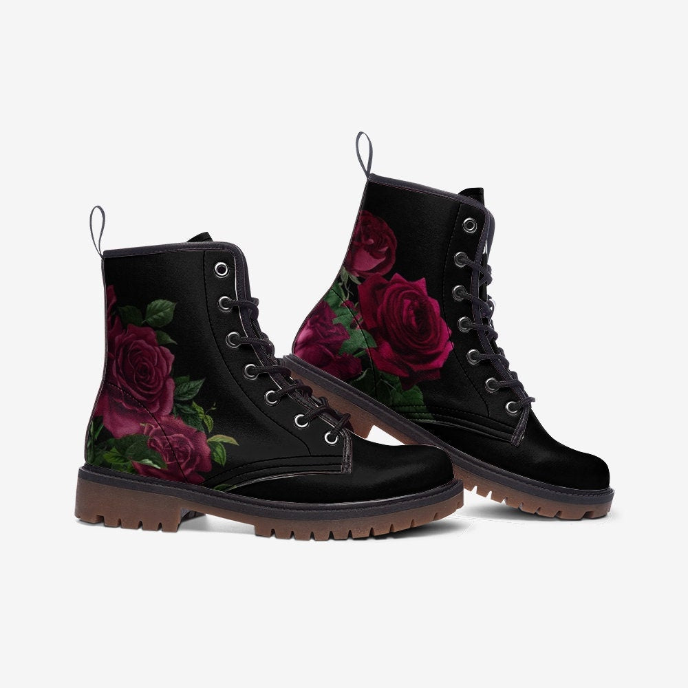 Burgundy Goth Roses Black Vegan Leather Unisex Boots