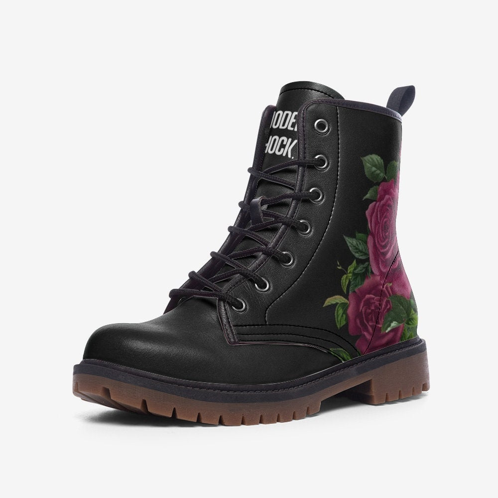 Burgundy Goth Roses Black Vegan Leather Unisex Boots