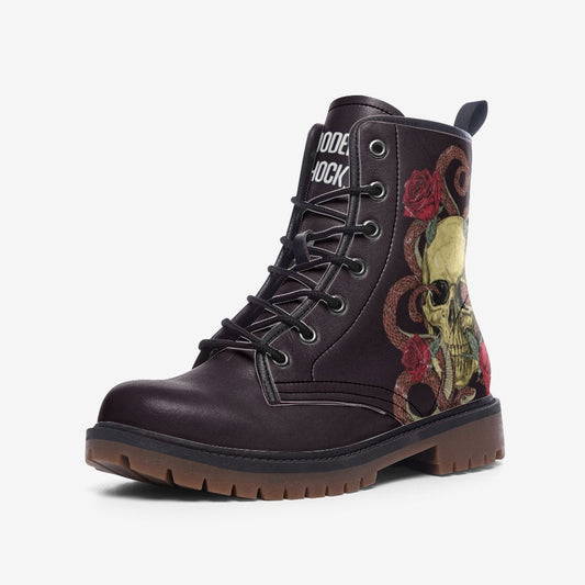 Burgundy Skull With Roses Vegan Leather Unisex Boots