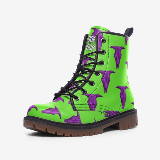 Y2k Neon Green Purple Skull Vegan Leather Unisex Boots
