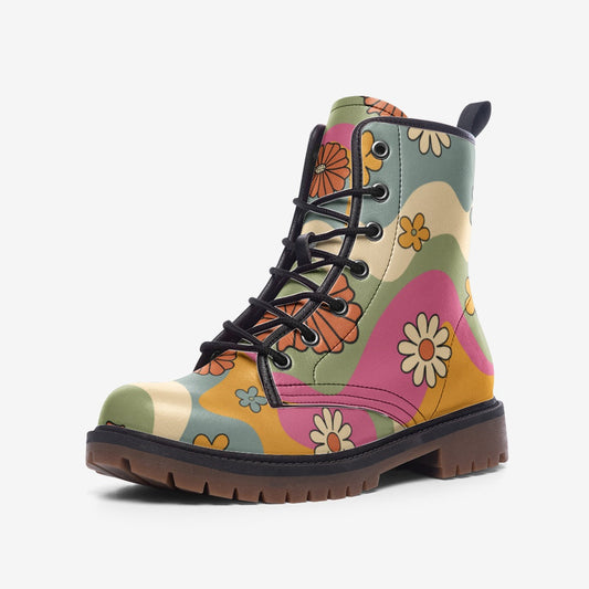 Retro Trippy Rainbow Yellow Vegan Leather Unisex Boots