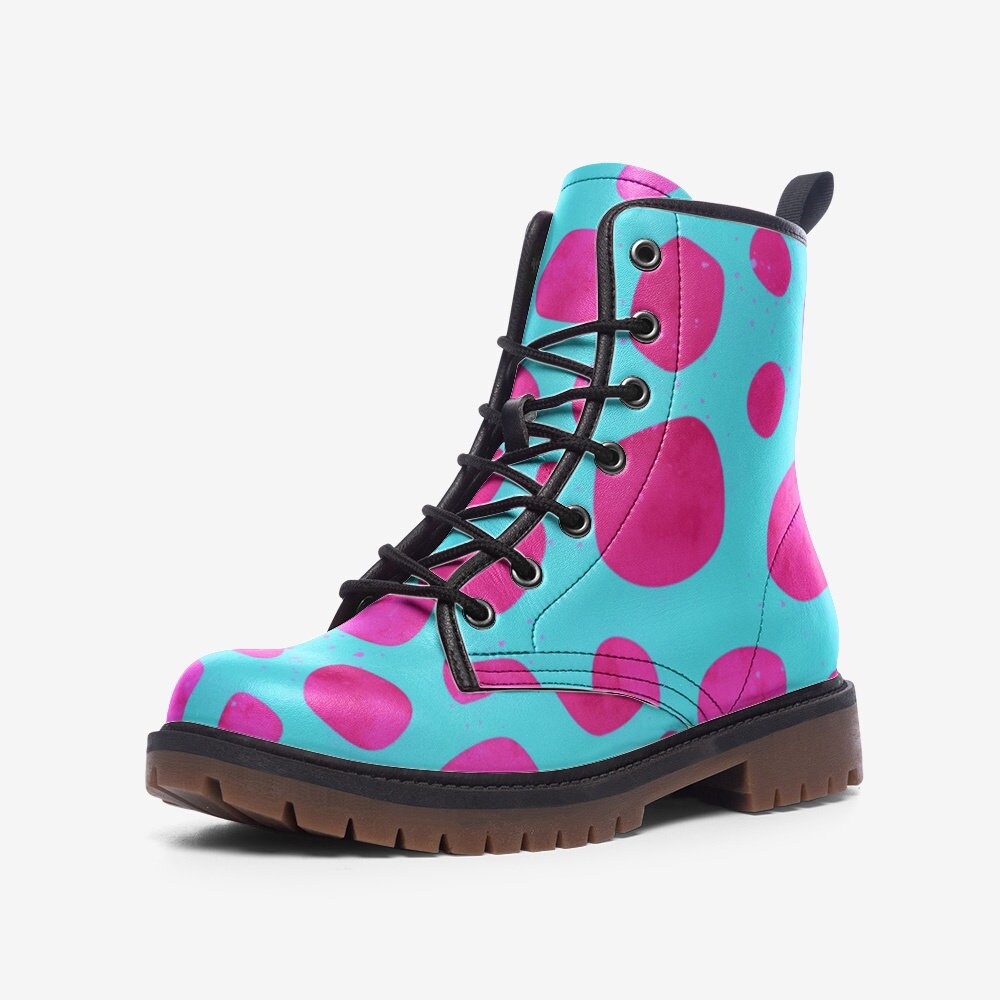 Pink Dots Blue Vegan Leather Unisex Boots