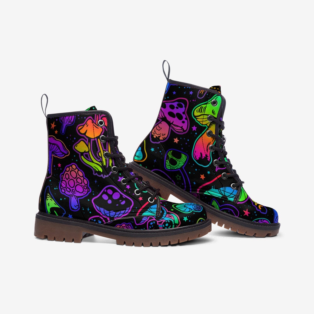 Neon Rainbow Mushrooms Vegan Leather Unisex Boots