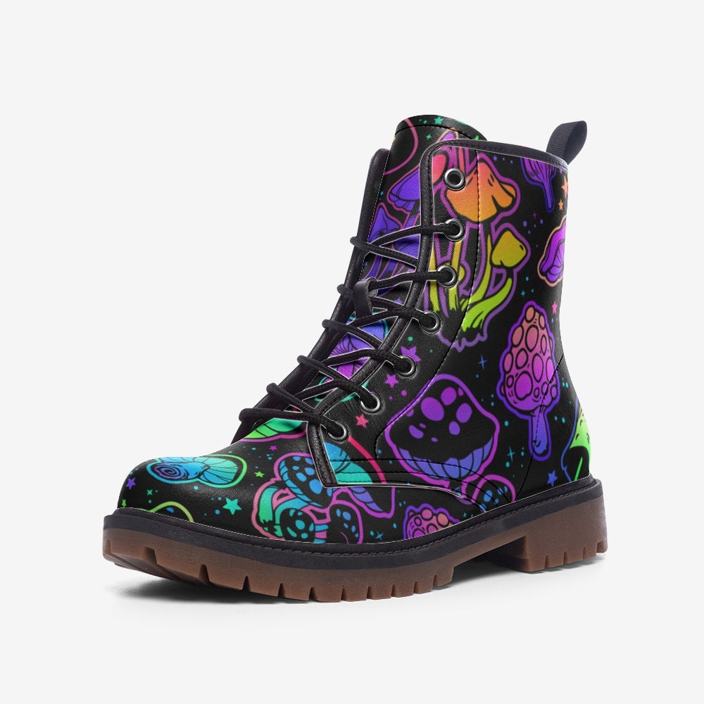 Neon Rainbow Mushrooms Vegan Leather Unisex Boots