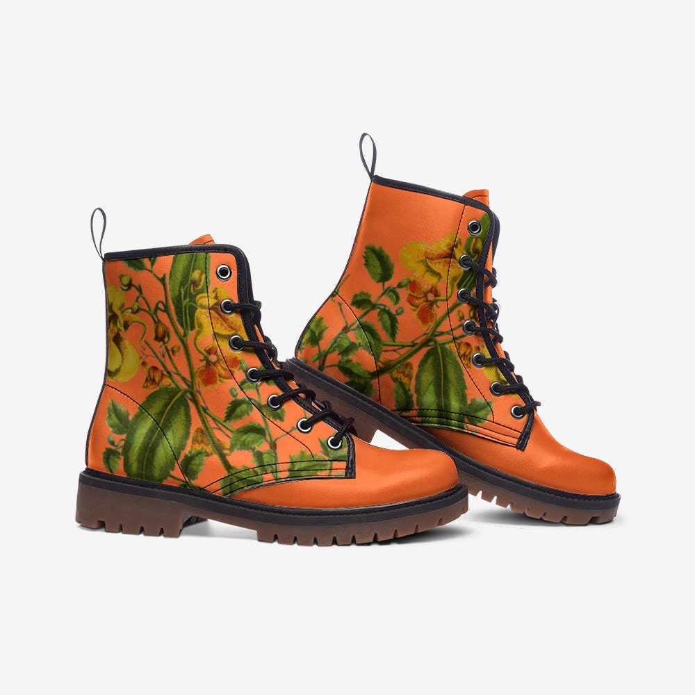 Vintage Flowers Orange Vegan Leather Unisex Boots