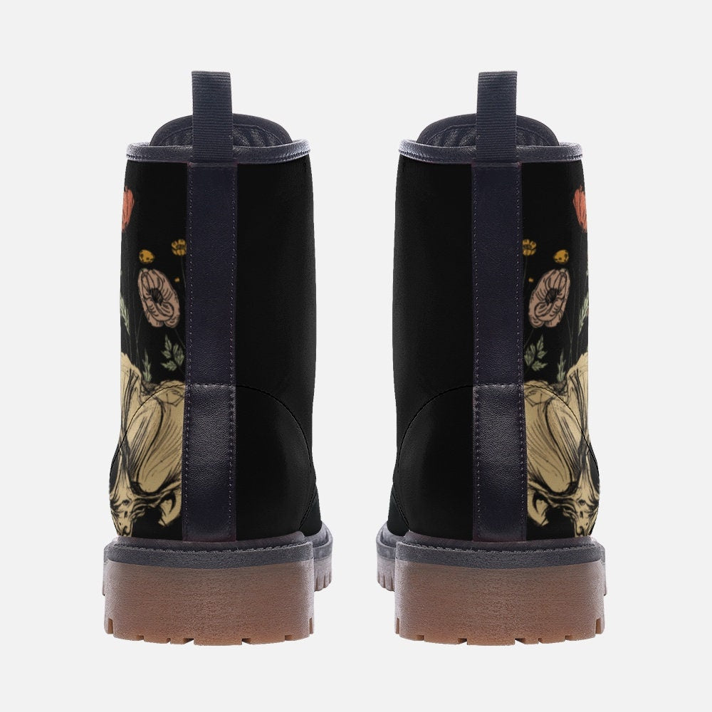 Skull With Flowers Goth Vegan Leather Unisex Boots