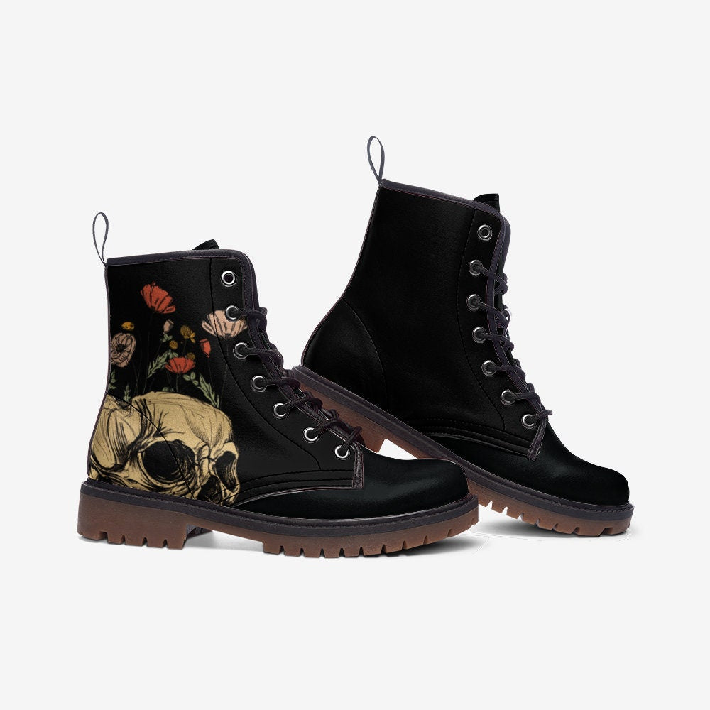 Skull With Flowers Goth Vegan Leather Unisex Boots