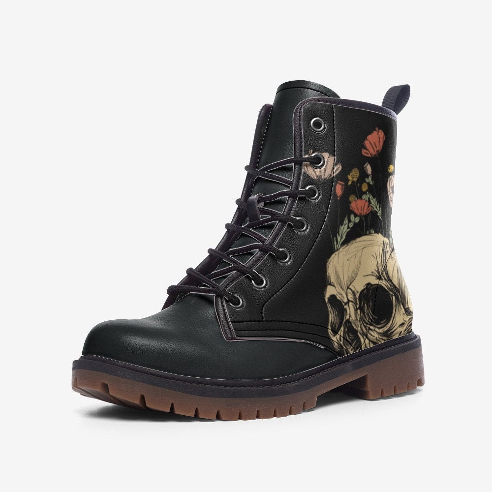 Skull With Flowers Goth Vegan Leather Unisex Boots