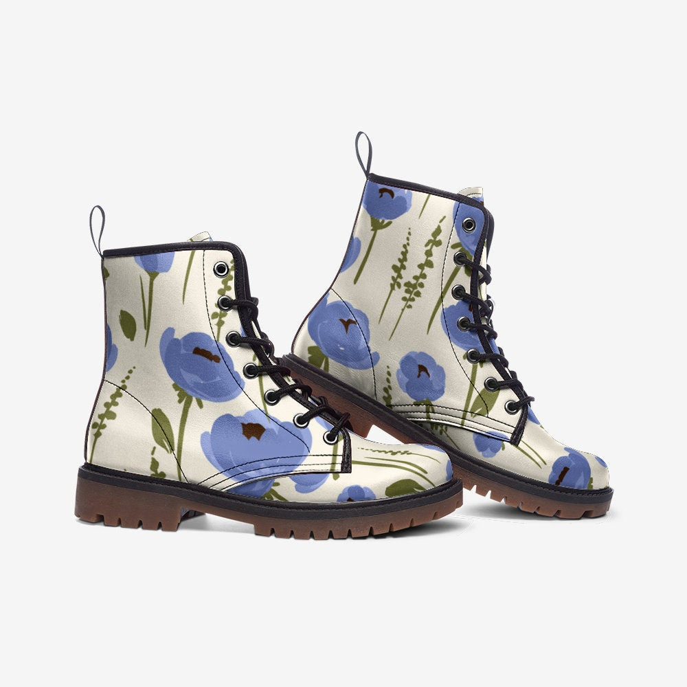 Blue Flowers Vintage Vegan Leather Unisex Boots