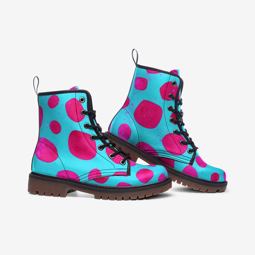 Pink Dots Blue Vegan Leather Unisex Boots