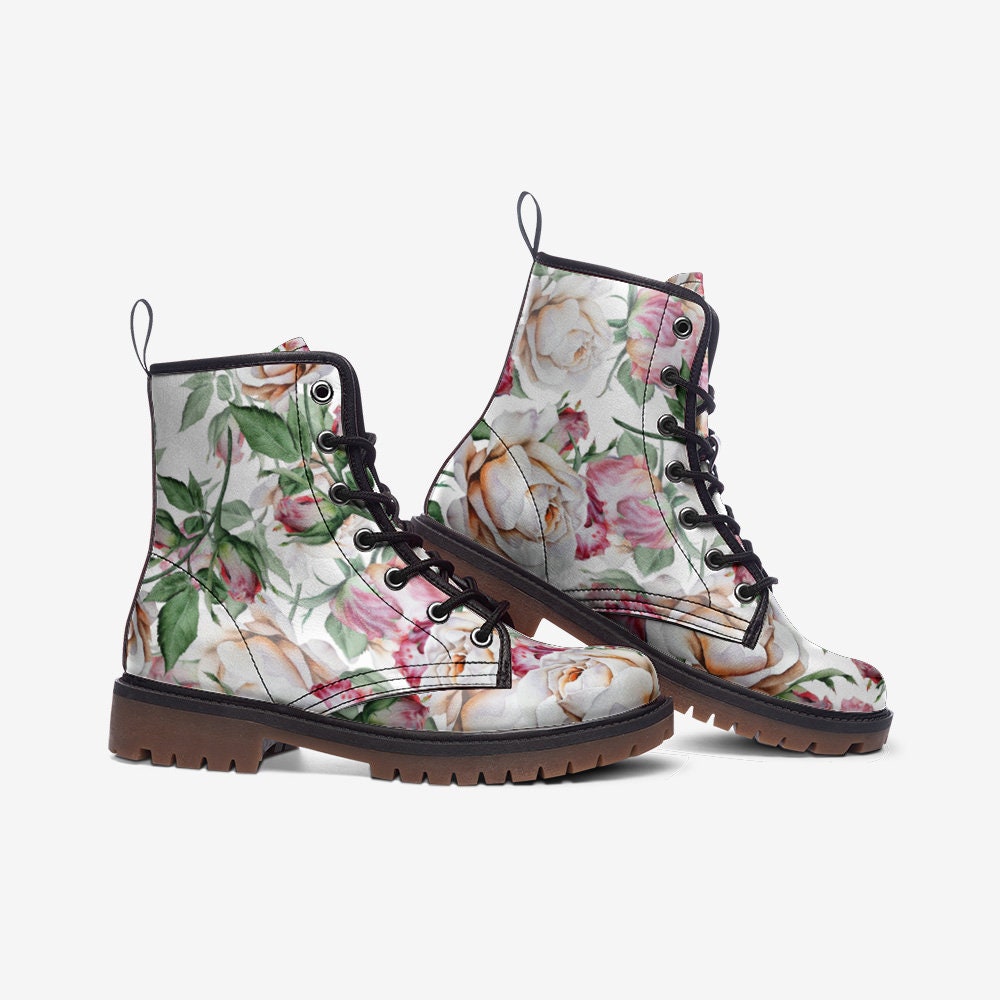 Boho White Roses Floral Vegan Leather Unisex Boots