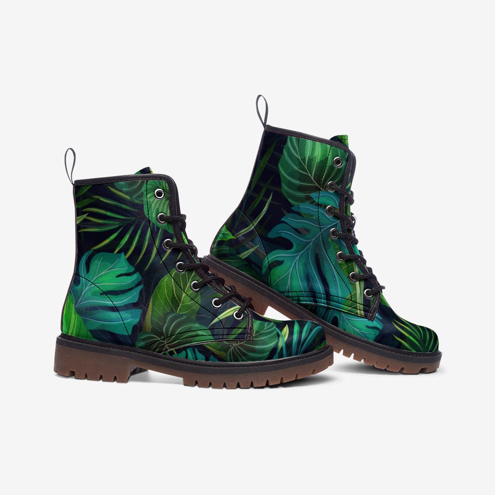 Boho Tropical Leaves Green Vegan Leather Unisex Boots