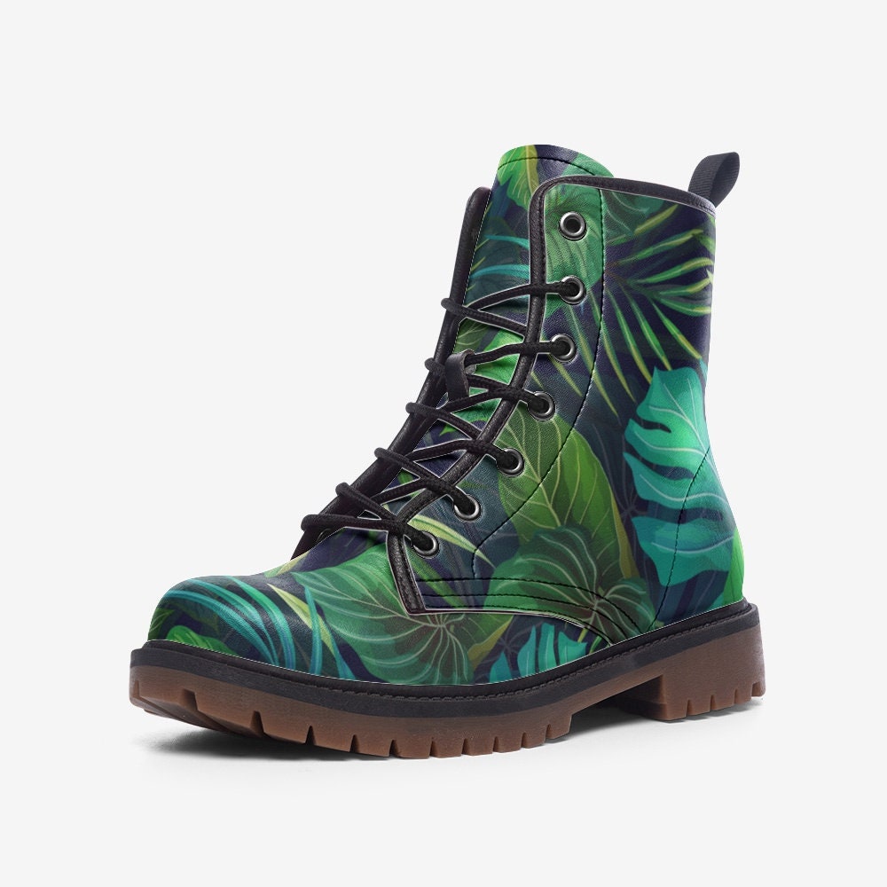 Boho Tropical Leaves Green Vegan Leather Unisex Boots