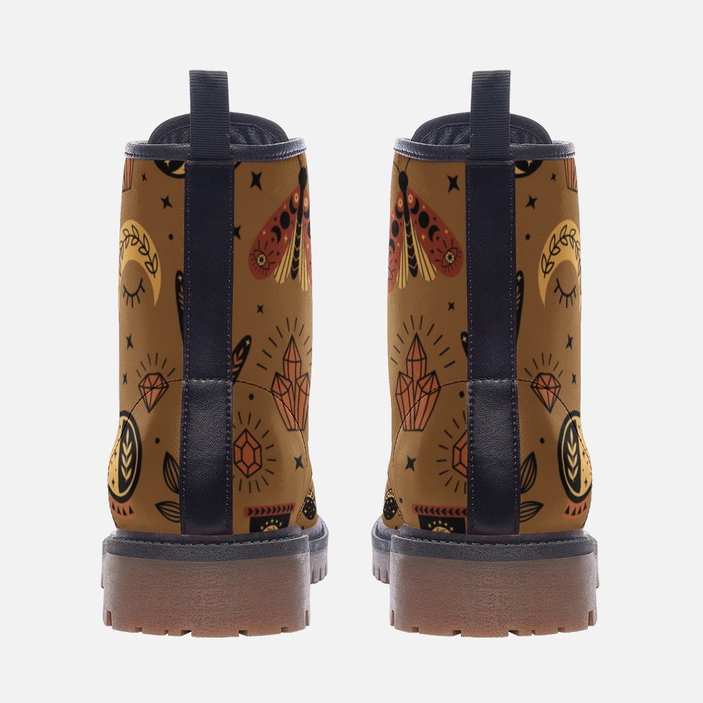 Witchy Moon & Stars Mustard Vegan Leather Unisex Boots