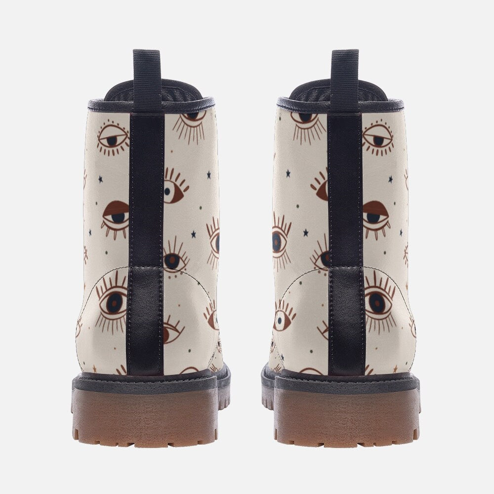 Witchy Eye Beige Vegan Leather Unisex Boots