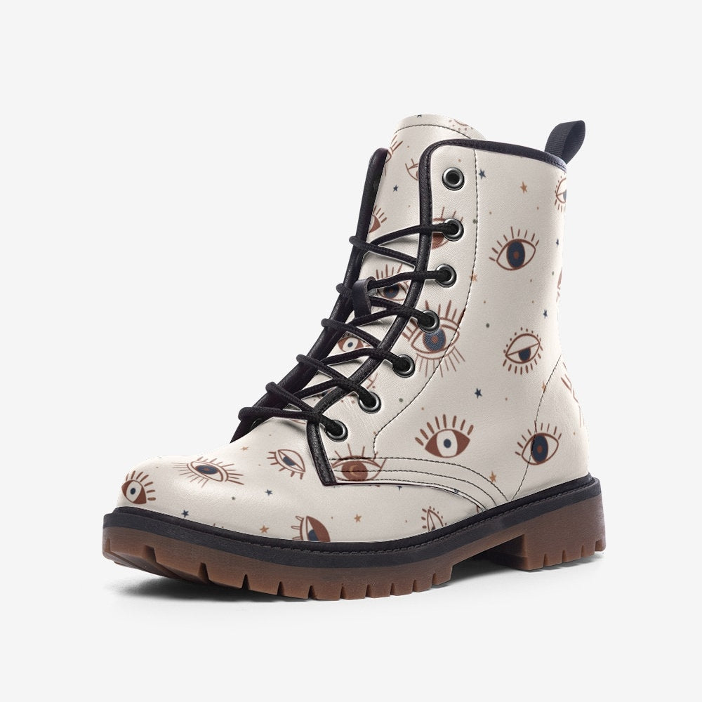 Witchy Eye Beige Vegan Leather Unisex Boots