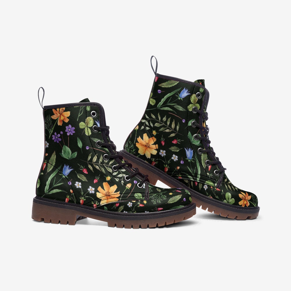 Cottage Floral Green Vegan Leather Unisex Boots