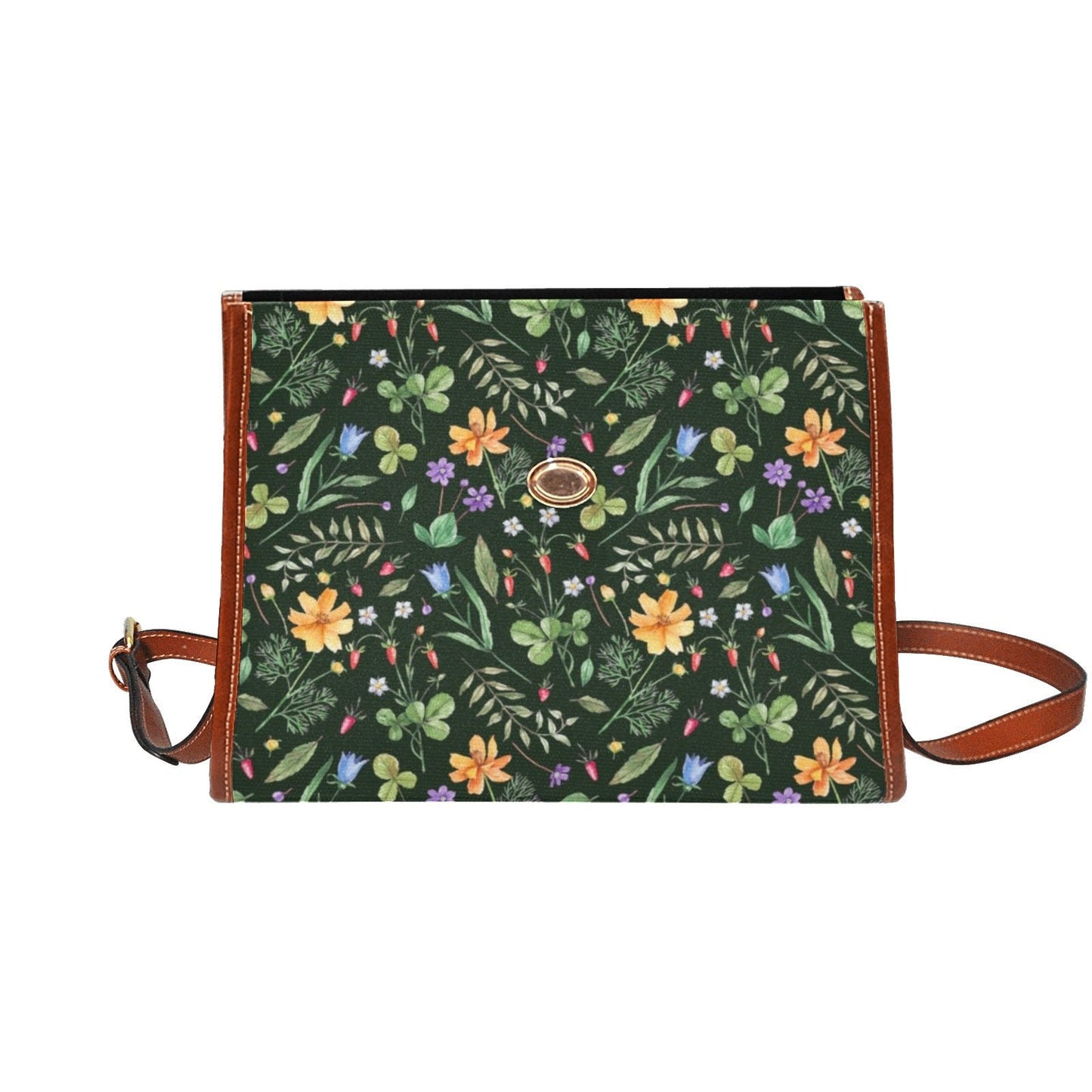 Cottagecore Witchy Canvas Satchel bag, Petite Green Wildflowers on Black purse, Canvas & Vegan Leather Floral Handbag,Boho Witchcore Satchel