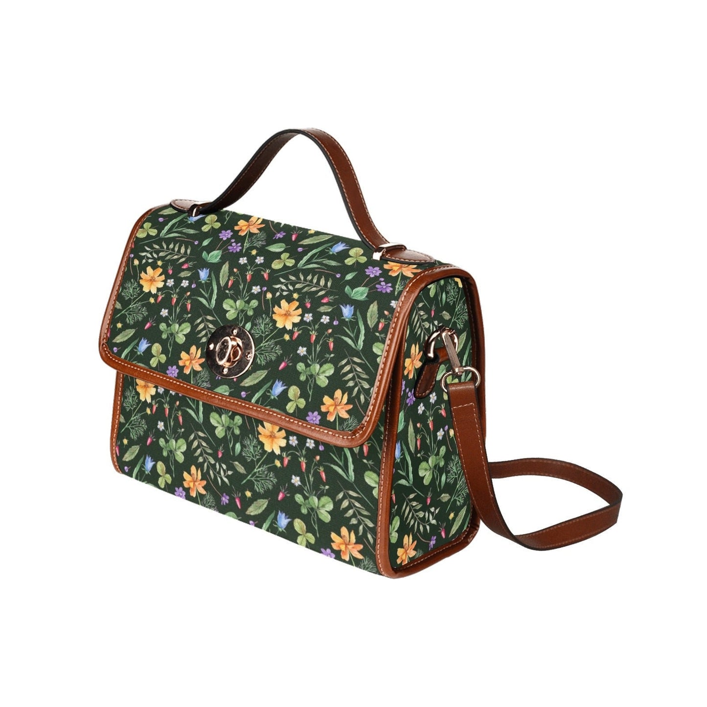 Cottagecore Witchy Canvas Satchel bag, Petite Green Wildflowers on Black purse, Canvas & Vegan Leather Floral Handbag,Boho Witchcore Satchel