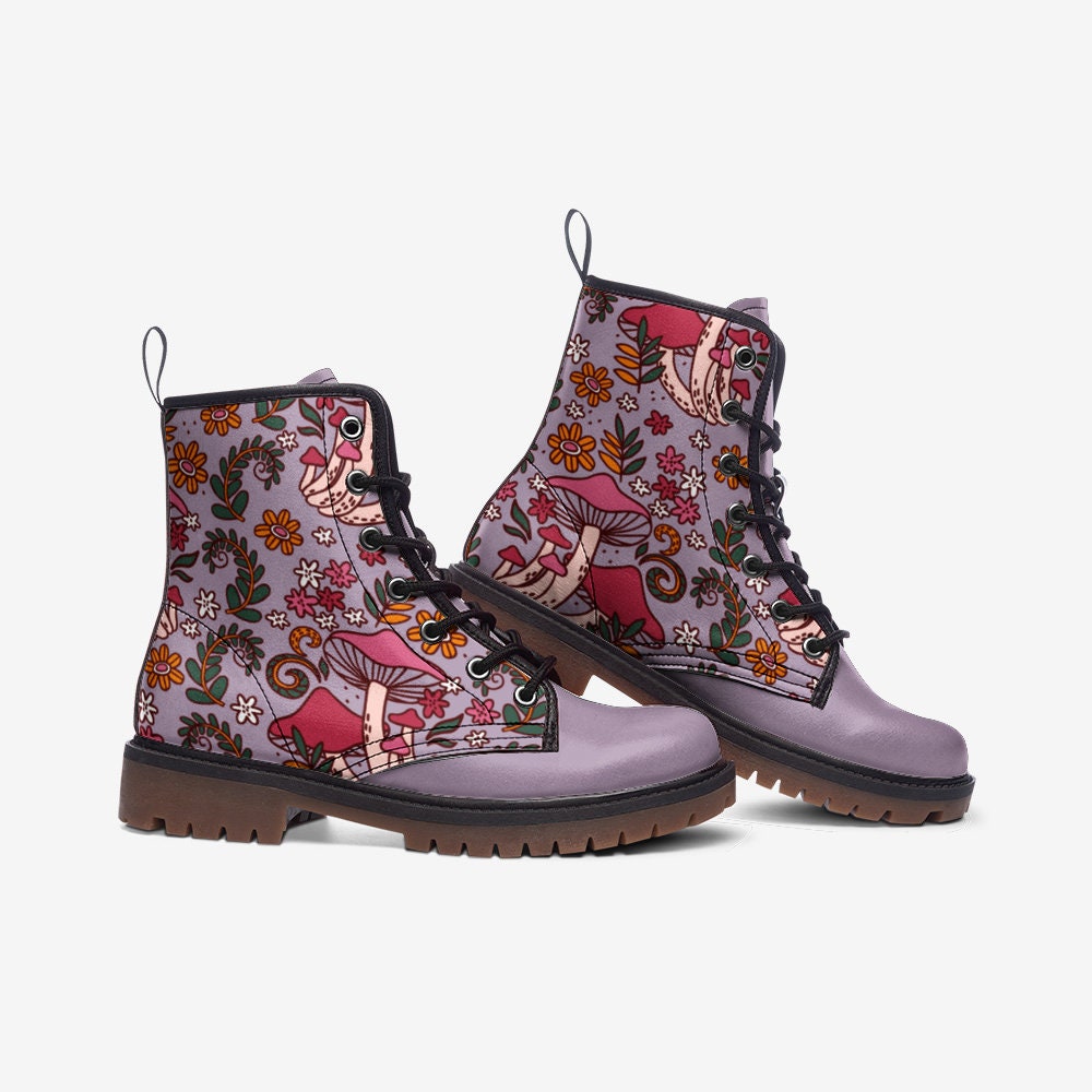 Pastel Purple Cottagecore Mushrooms Vegan Leather Unisex Boots