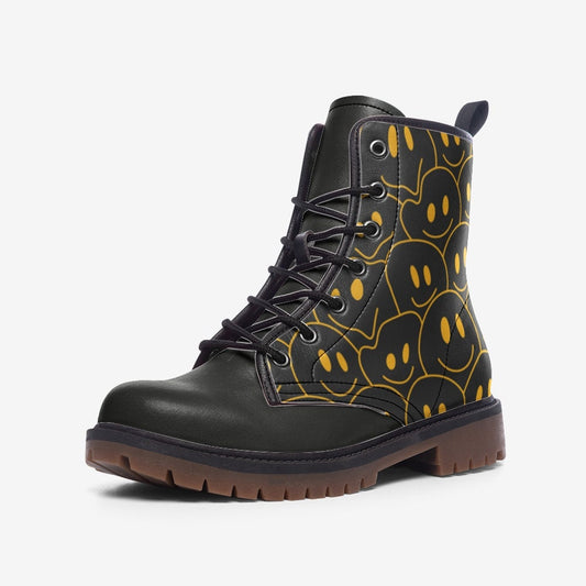 Trippy Smiling Face Black Vegan Leather Unisex Boots