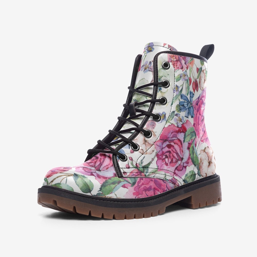 Pink Roses White Floral Vegan Leather Unisex Boots