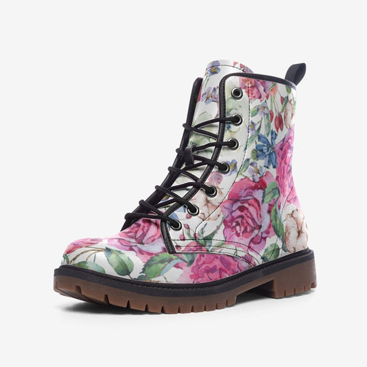 Pink Roses White Floral Vegan Leather Unisex Boots