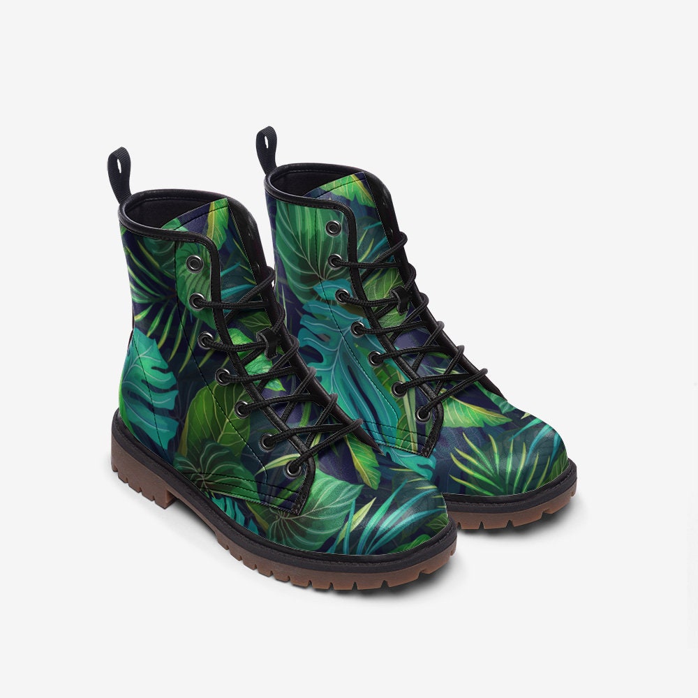Boho Tropical Leaves Green Vegan Leather Unisex Boots