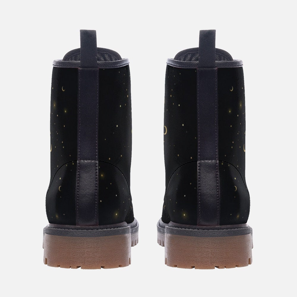 Gold Stars & Moon Black Vegan Leather Unisex Boots