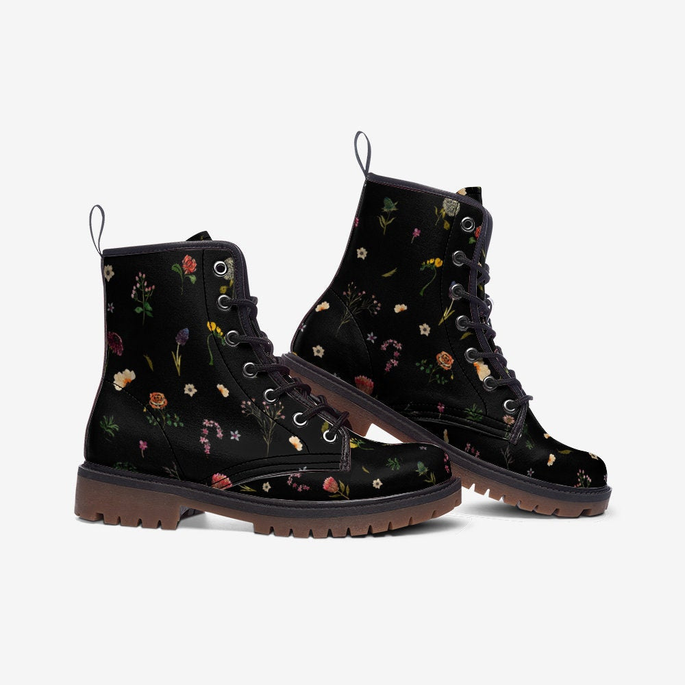 Woodland Flowers Black Vegan Leather Unisex Boots
