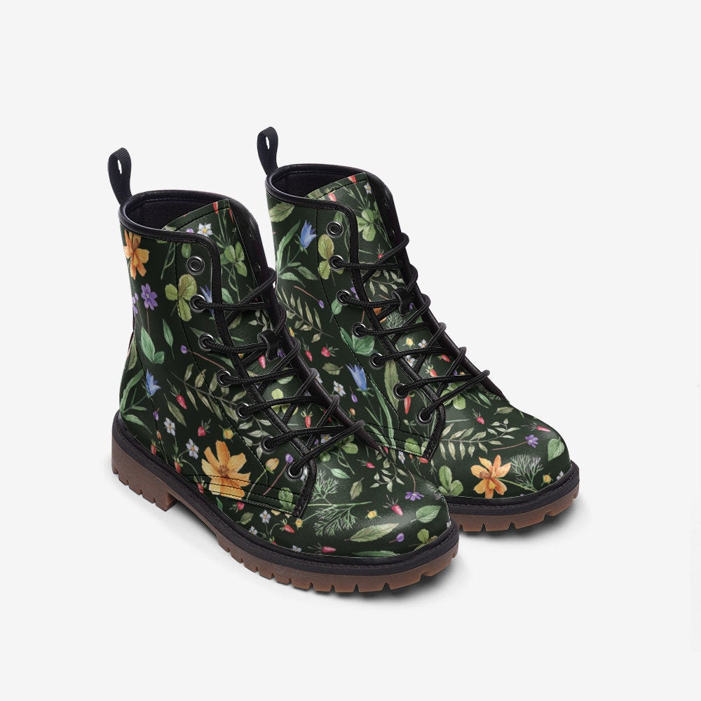 Cottage Floral Green Vegan Leather Unisex Boots