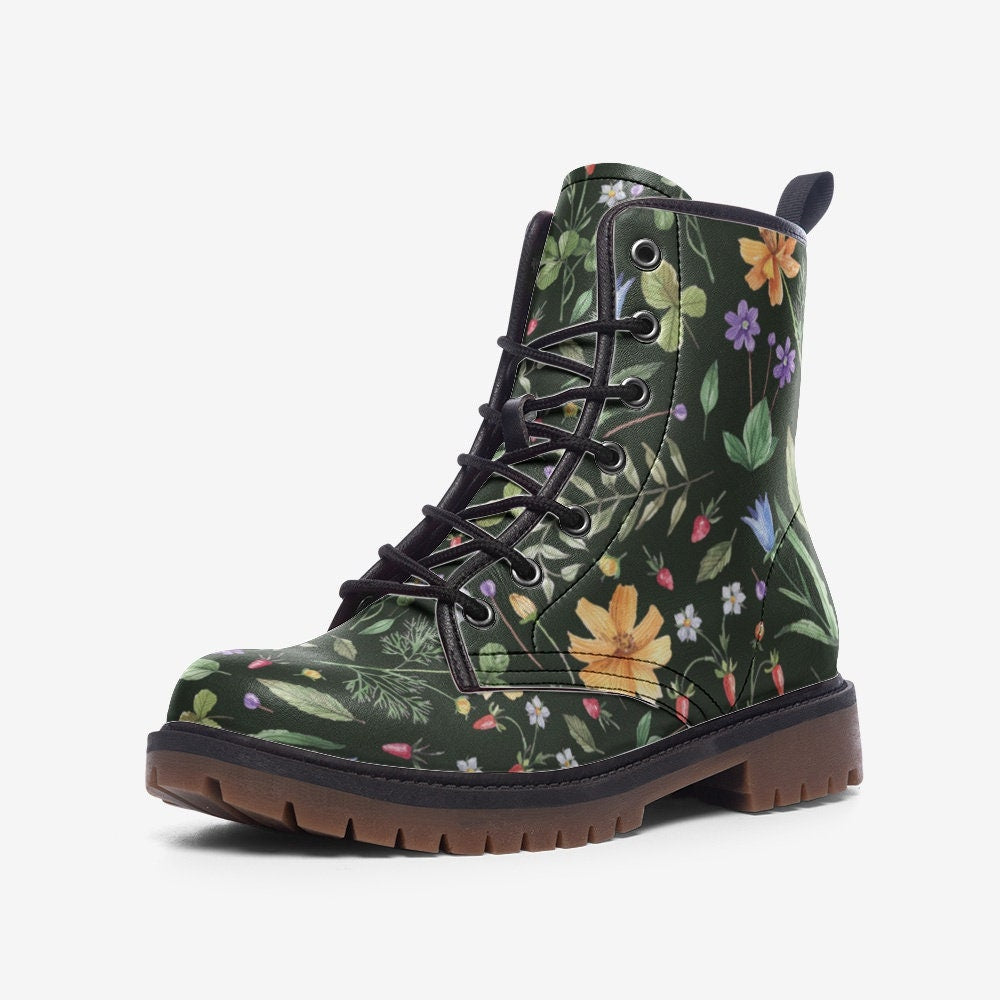 Cottage Floral Green Vegan Leather Unisex Boots
