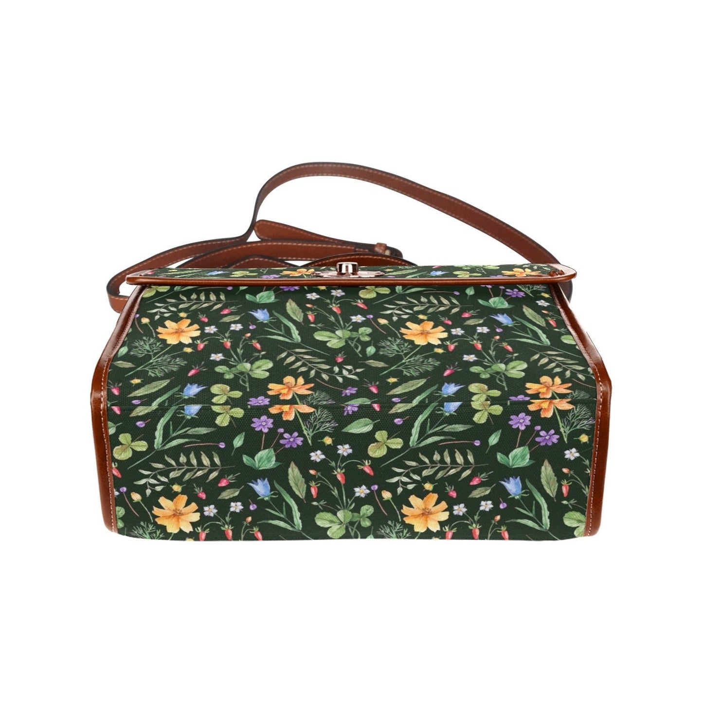 Cottagecore Witchy Canvas Satchel bag, Petite Green Wildflowers on Black purse, Canvas & Vegan Leather Floral Handbag,Boho Witchcore Satchel