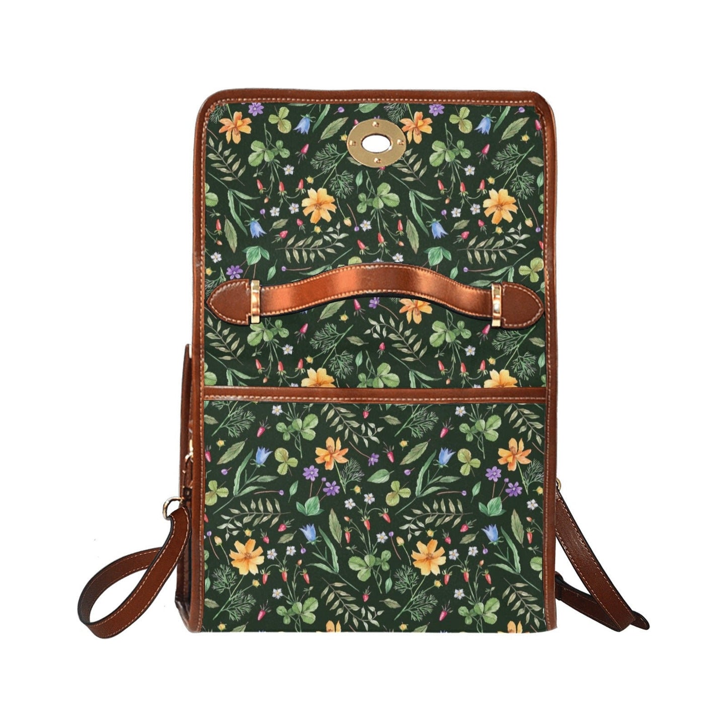 Cottagecore Witchy Canvas Satchel bag, Petite Green Wildflowers on Black purse, Canvas & Vegan Leather Floral Handbag,Boho Witchcore Satchel