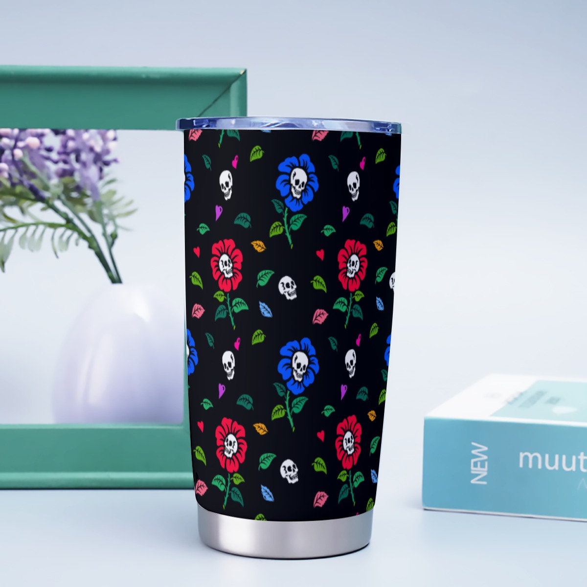 Skull Flowers Black Goth Tumbler – 20oz