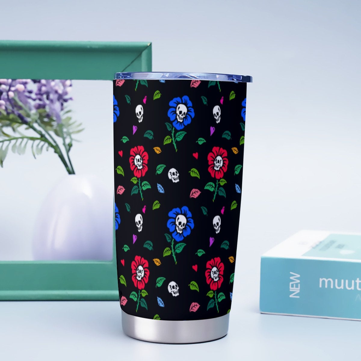 Skull Flowers Black Goth Tumbler – 20oz