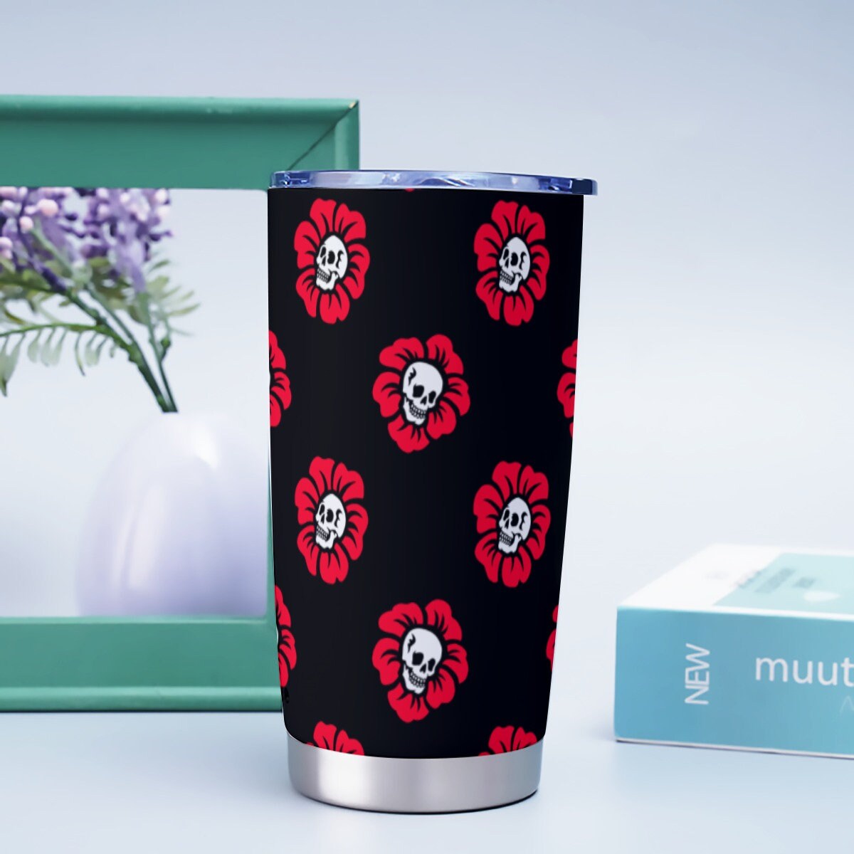 Red Skull Flowers Black Goth Tumbler – 20oz