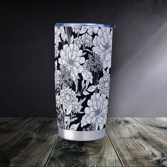 Forest Flowers Black and White Goth Tumbler – 20oz