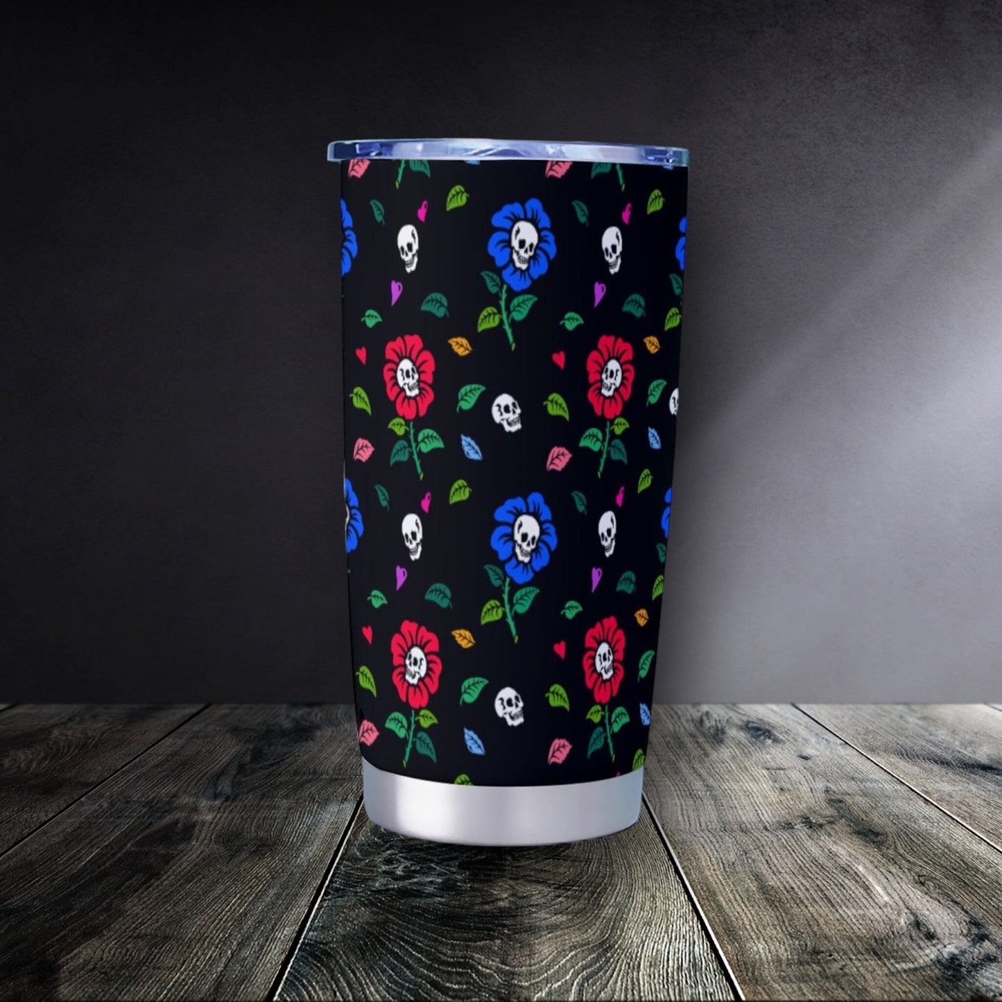 Skull Flowers Black Goth Tumbler – 20oz