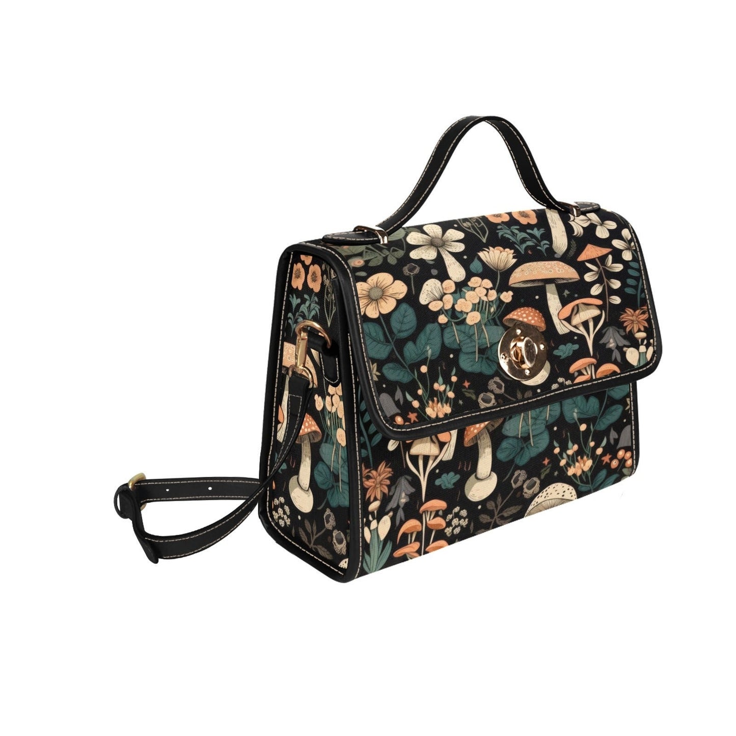 Cottagecore Witch Canvas Satchel Bag, Cute Woodland Crossed body purse, Vegan Leather Mushroom hippie shoulder bag, Cottage witch purse