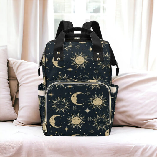 Sun Moon Diaper Bag Backpack Celestial Witchy Goth Baby Shower Gift Idea Insulated Travel Bottle Cooler Boho Moms Dads New Parents Newborn