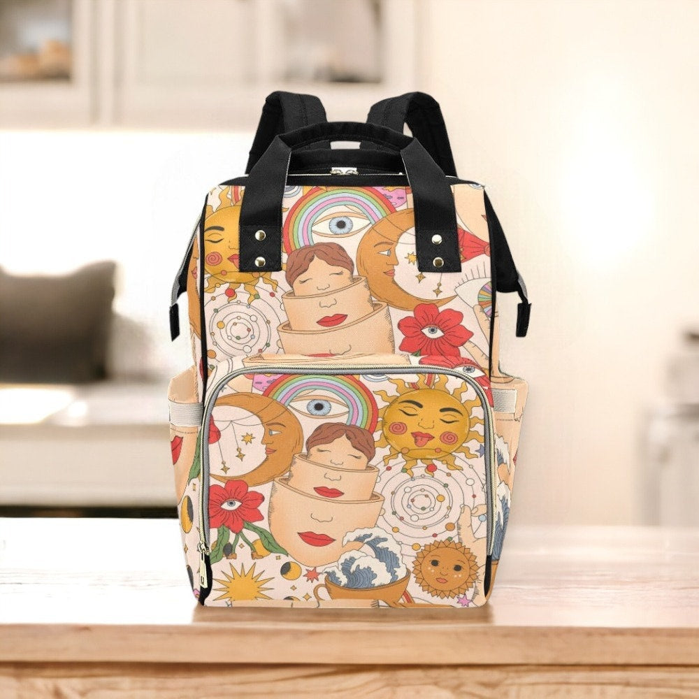 a backpack with a picture of a woman on it
