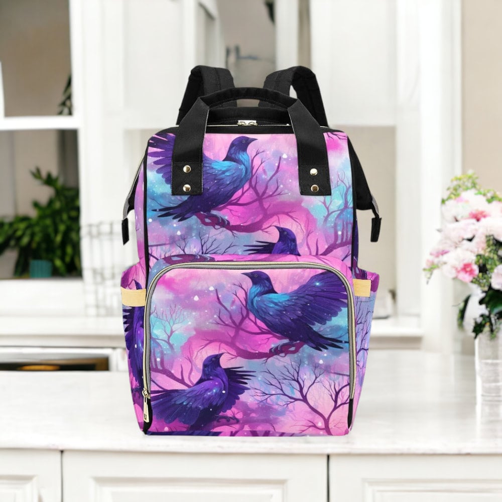 Pastel Crow Diaper Bag Back pack, Organized Baby Bag, Witchy Raven Giant Mom Bag, Mommy Diaper Bag, Goth Mom baby packing bag