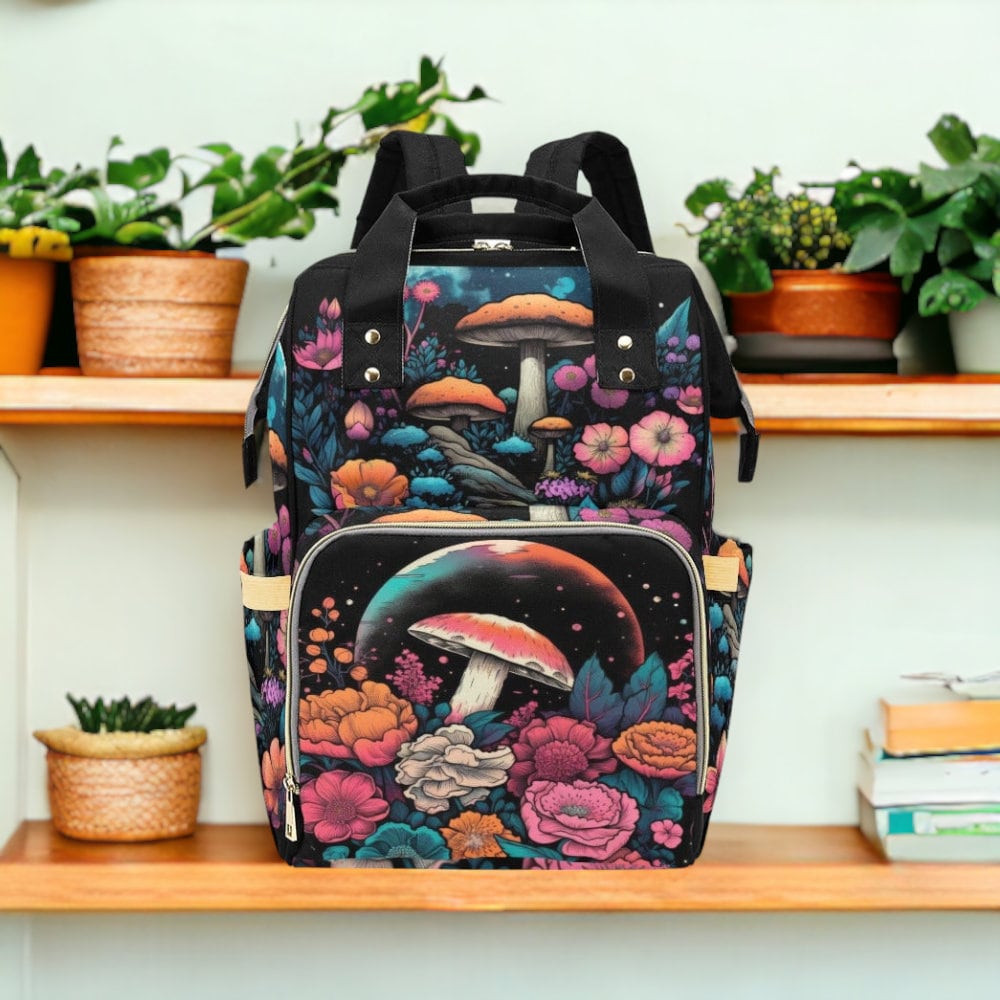 a backpack with a mushroom on it sitting on a shelf