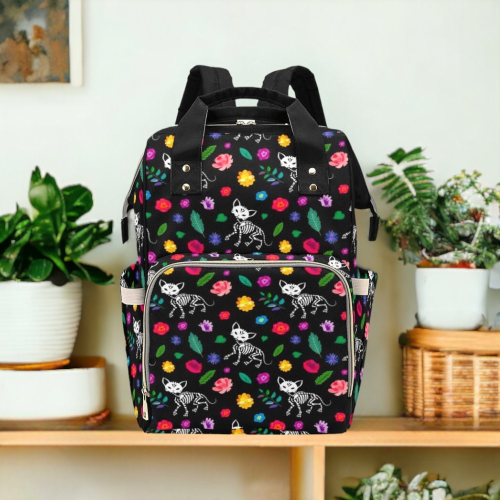 Skeleton Cat Goth Diaper Bag Backpack Witchy Goth Baby Shower Gift Idea Insulated Travel Bottle Cooler Boho Moms Dads New Parents Newborn
