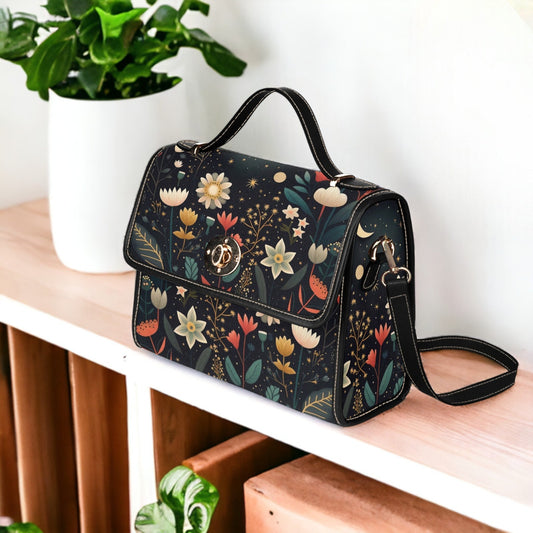 a handbag sitting on a shelf next to a potted plant