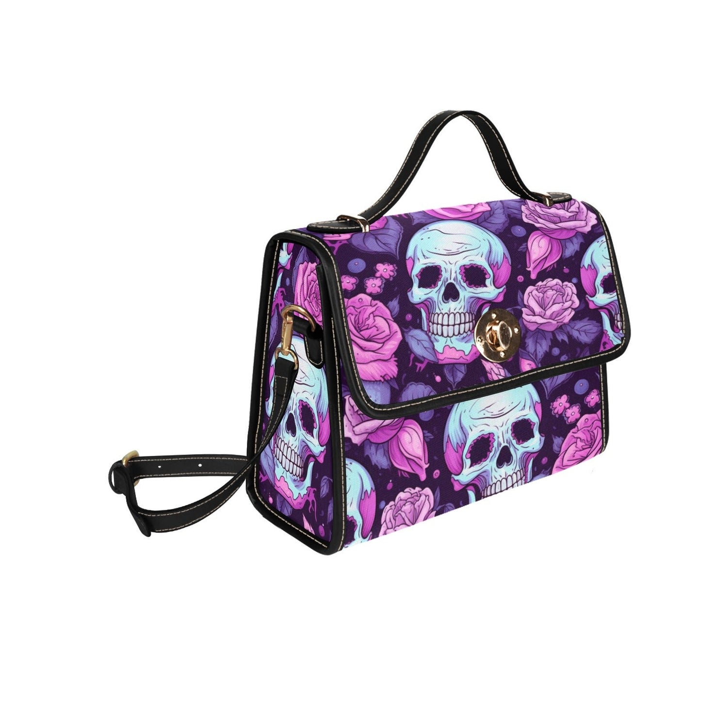 Dark Skull Boho Halloween Canvas Satchel bag, Cottagecore witch crossbody purse, cute vegan leather strap goth bag, hippie boho gift handbag