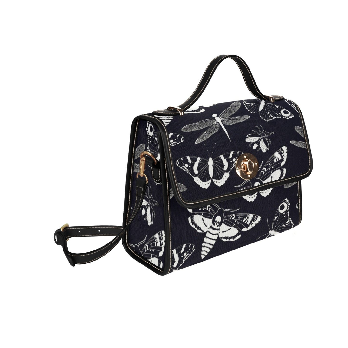 Dark academia Gothic Spooky night Flying Moths Canvas Satchel bag, Goth Chic Crossbody Purse, Mystical Halloween fashion witchy handbag gift