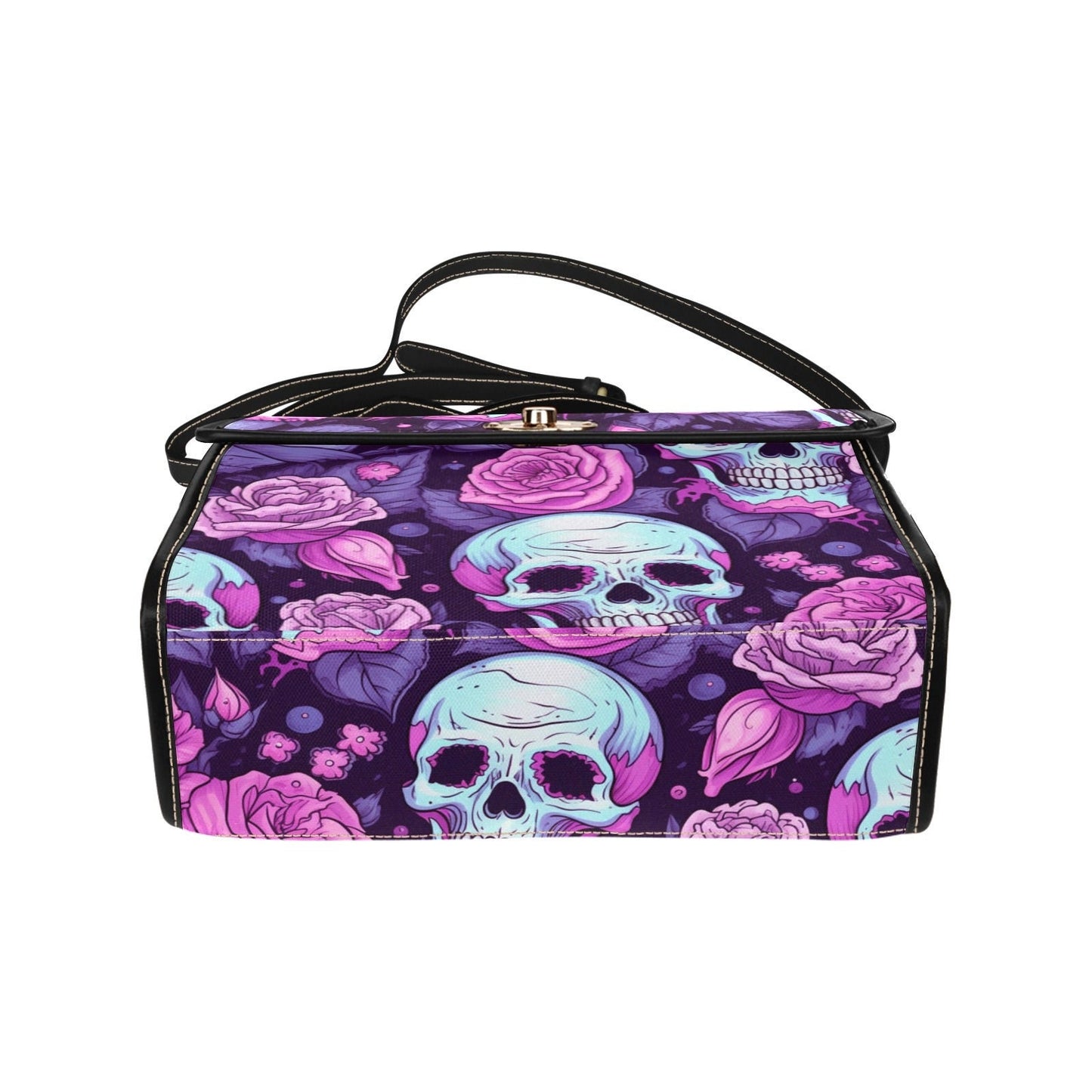 Dark Skull Boho Halloween Canvas Satchel bag, Cottagecore witch crossbody purse, cute vegan leather strap goth bag, hippie boho gift handbag