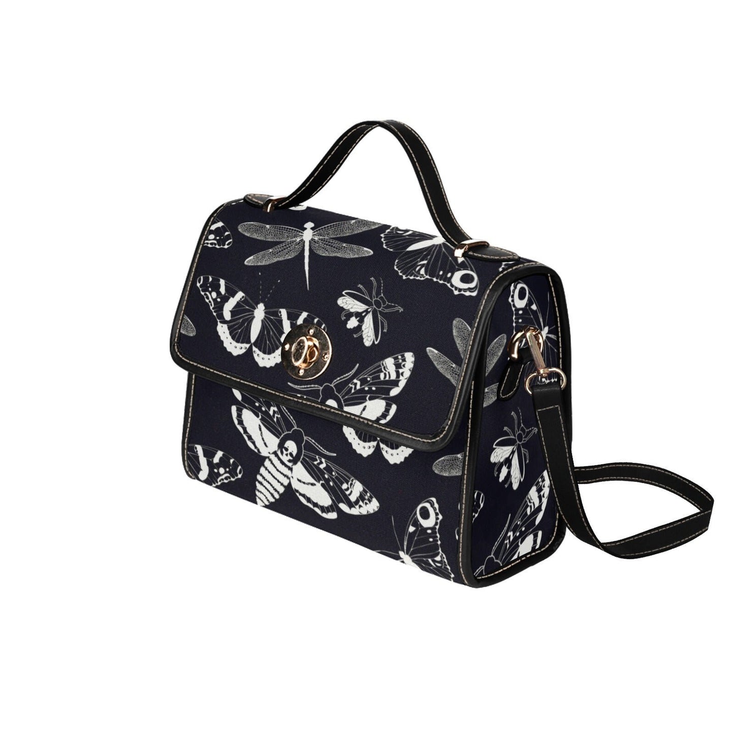 Dark academia Gothic Spooky night Flying Moths Canvas Satchel bag, Goth Chic Crossbody Purse, Mystical Halloween fashion witchy handbag gift